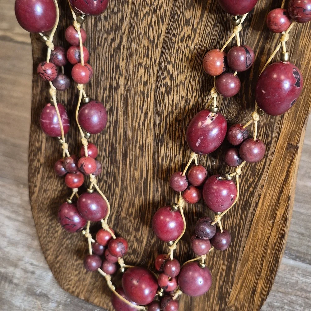 Vintage Cranberry Maroon Beaded Gold Tone Spacers Knotted Cord Long Necklace - Picture 3 of 14